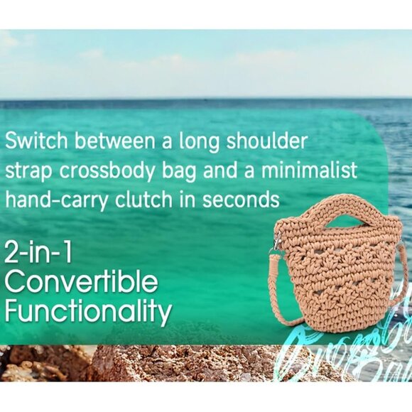 Straw Crossbody Bag Cotton Summer Beach Tote Small Travel Portable - Picture 5 of 9